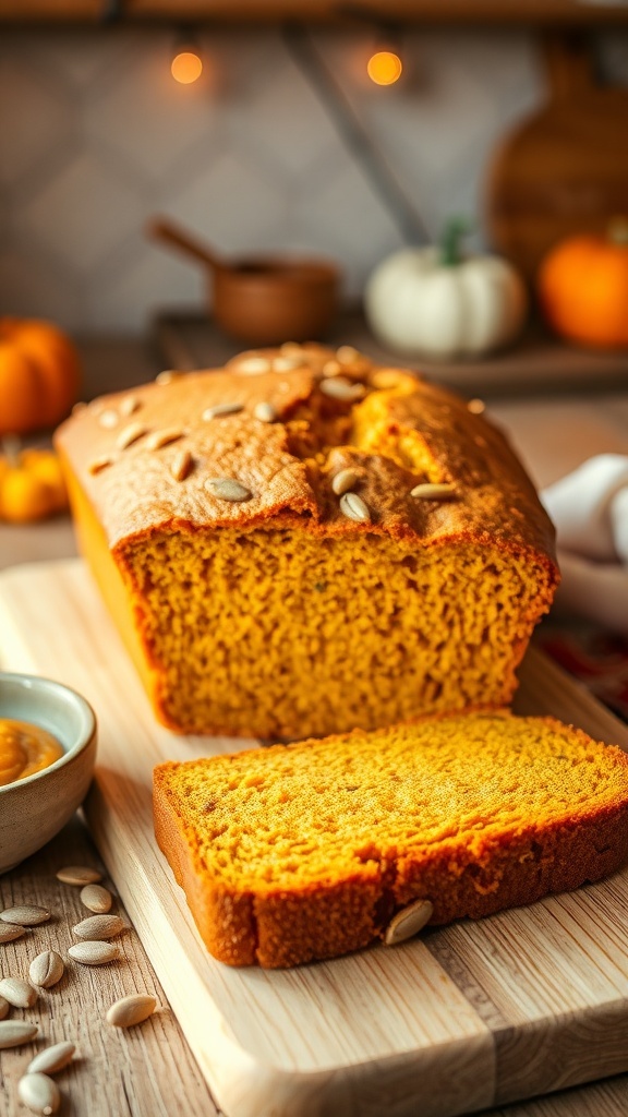 Sliced low-calorie pumpkin bread on a wooden board with pumpkin seeds and puree.